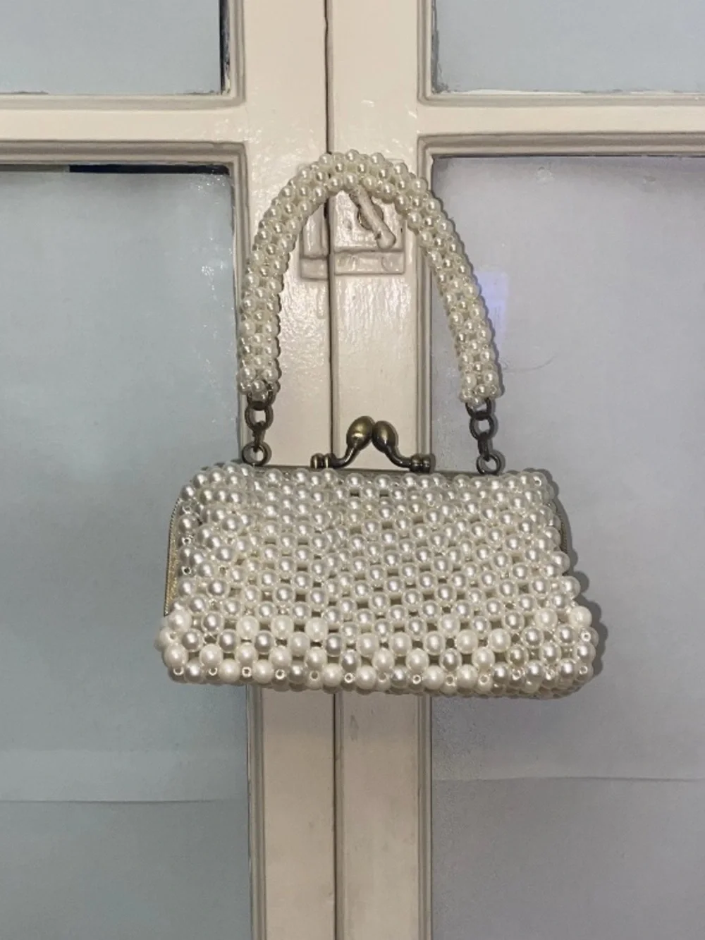 Pearl Beaded Ivory Evening Clutch with Top Handle